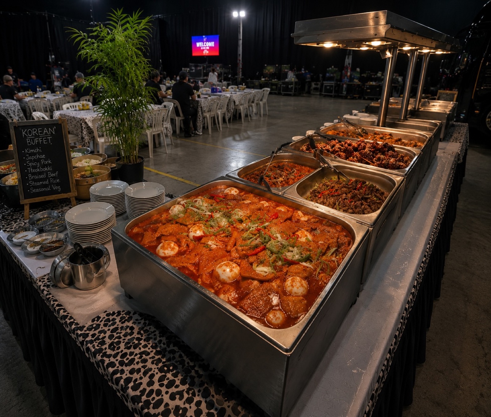 Full Korean buffet line prepared for touring crew meal service